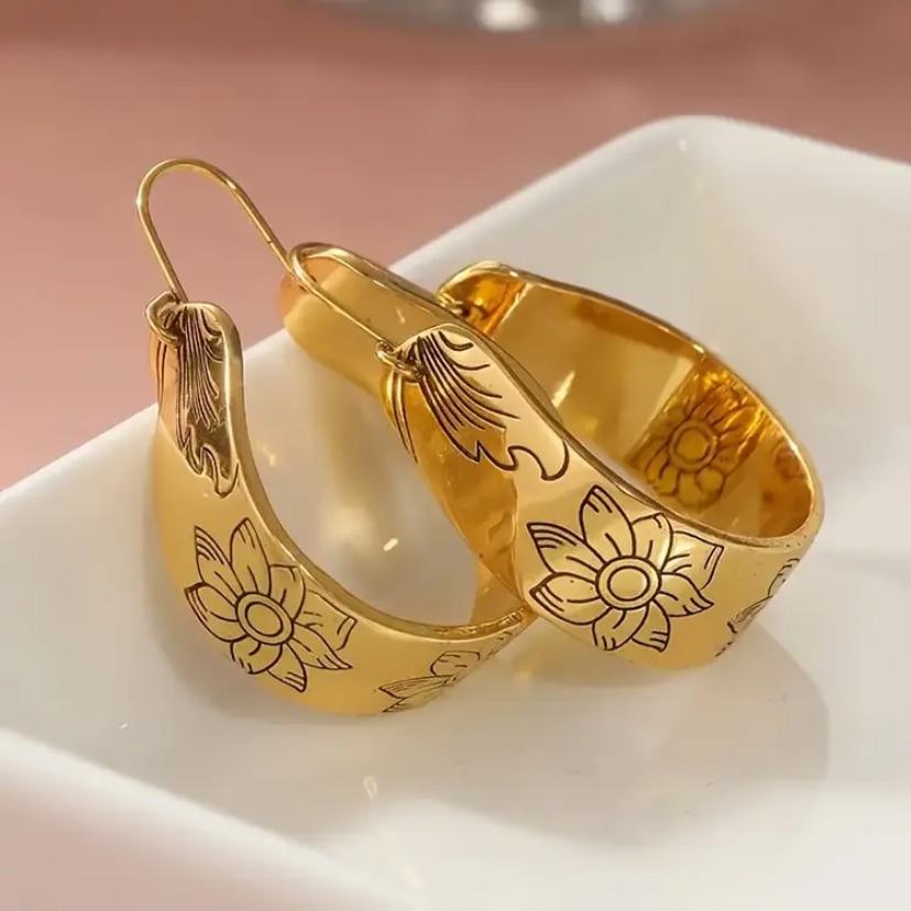 Elegant 18k Gold Plated Lotus Hoop Earrings